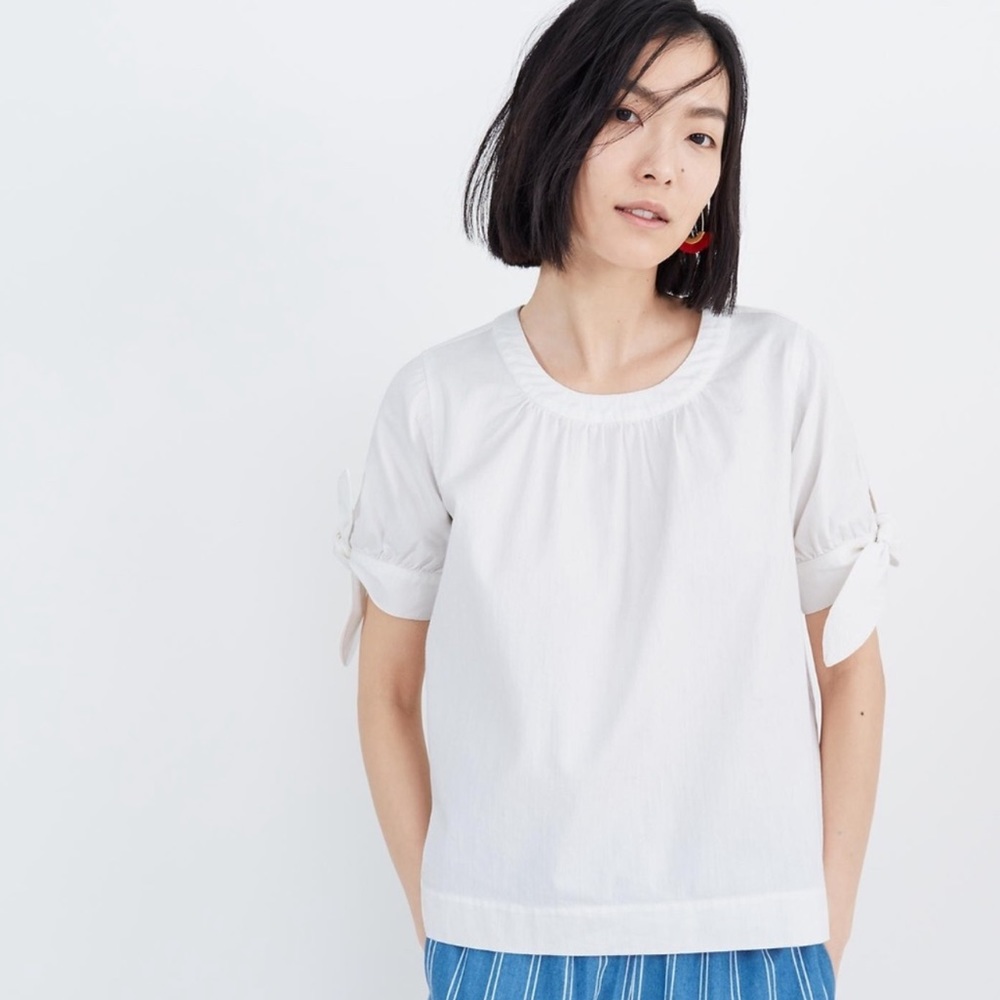 Madewell tie sleeve cuff pullover top lightweight white denim